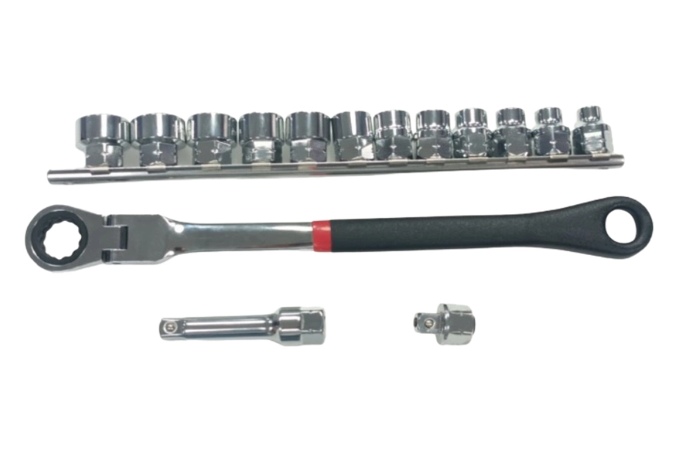 15pcs 3/8"Dr. Extra Long Low Profile Socket Ratchet with Plastic Handle Set